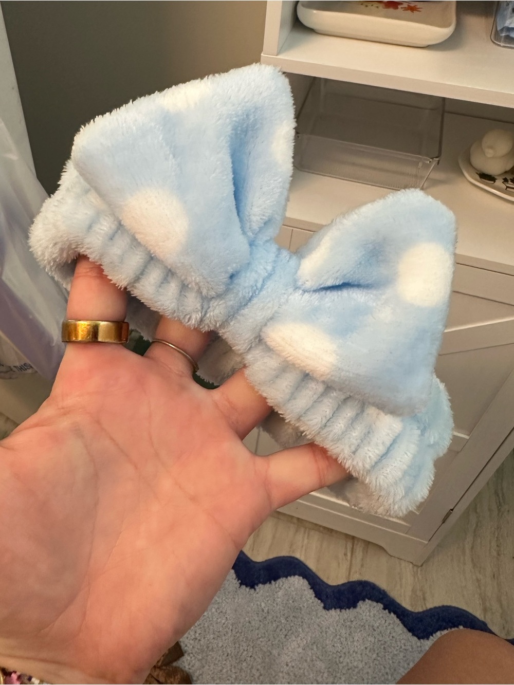 Light Blue Plush Polka Dot Bow Hairband - Soft Spa Headband